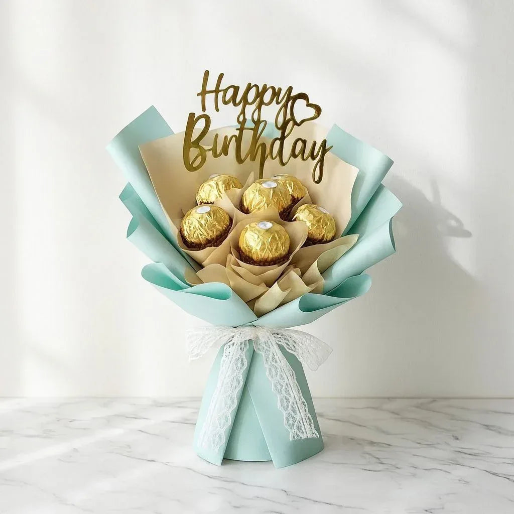 Ferrero Rocher Chocolate Bouquet with Happy Birthday Topper - atfleurs