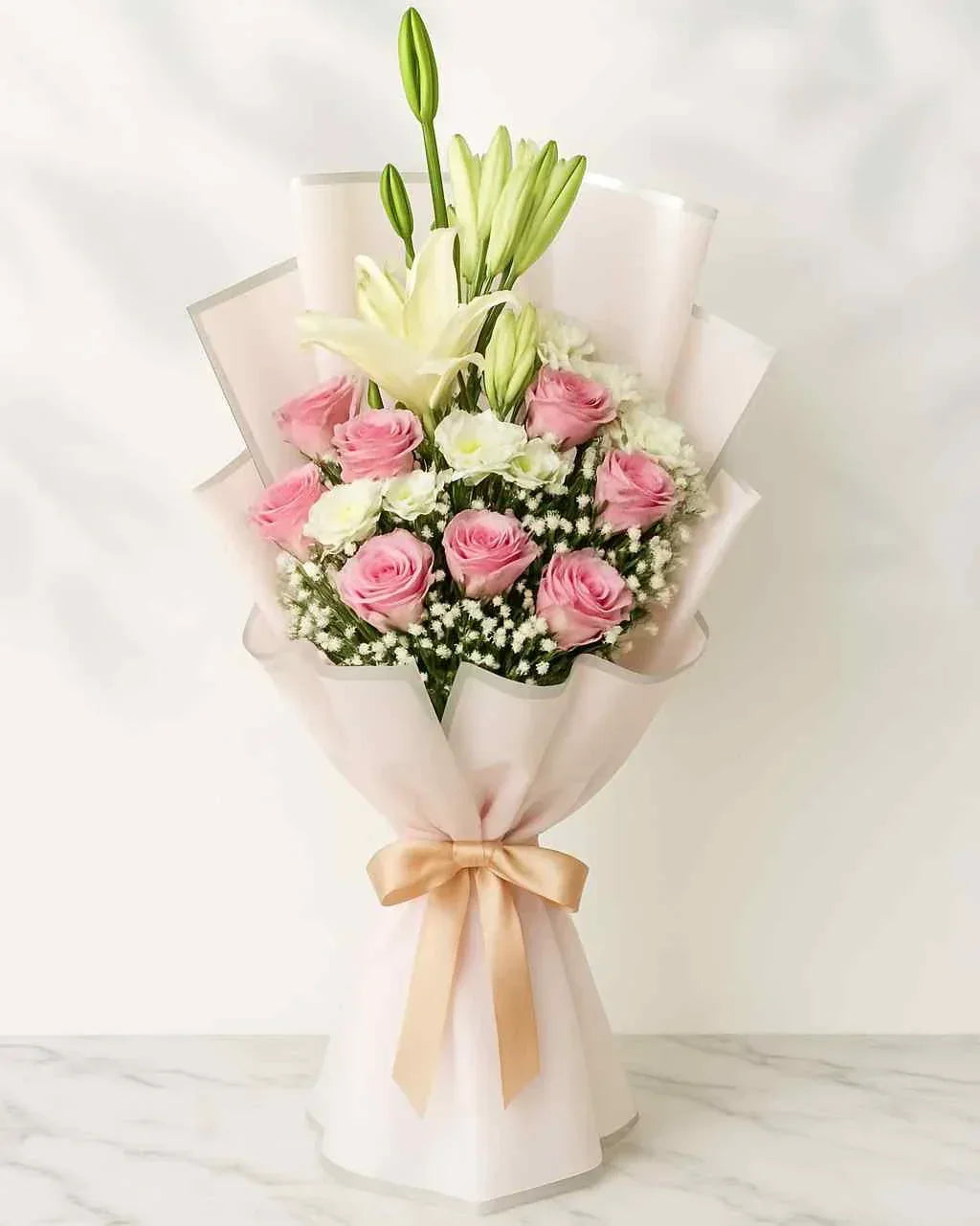 Pink Roses and Lily Bouquet with Chrysanthemum and Gypso - atfleurs