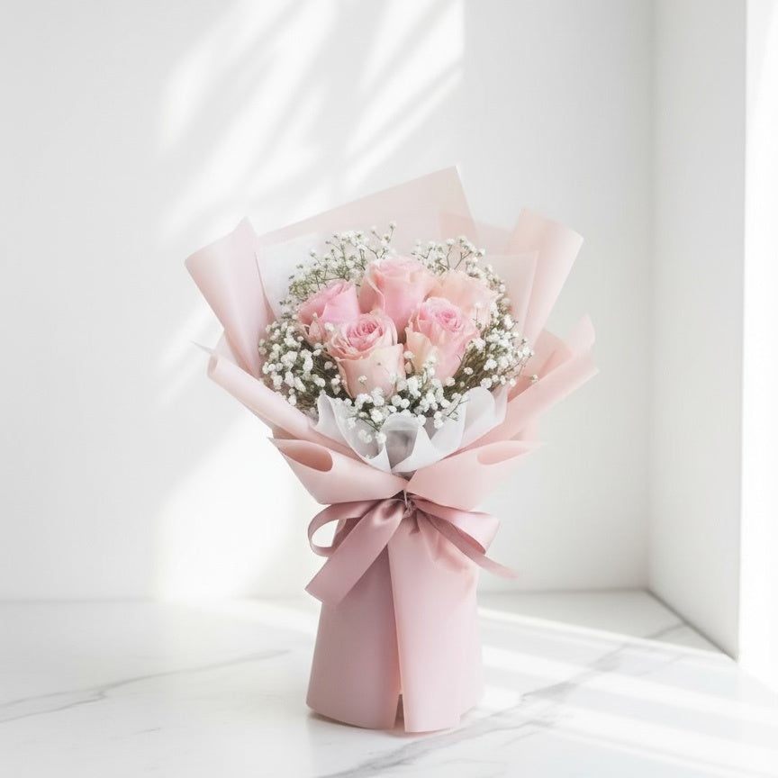 Pink Rose Bouquet with Baby’s Breath