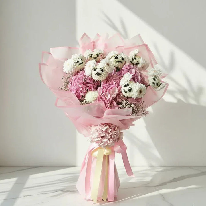 Teddy Bear Flower Bouquet of Pink Carnations & White Blooms - atfleurs