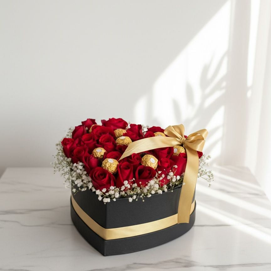 Heart-Shaped Box with Red Roses and Ferrero Rocher