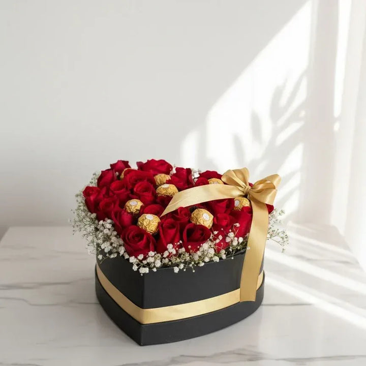 Heart-Shaped Box with Red Roses and Ferrero Rocher - atfleurs