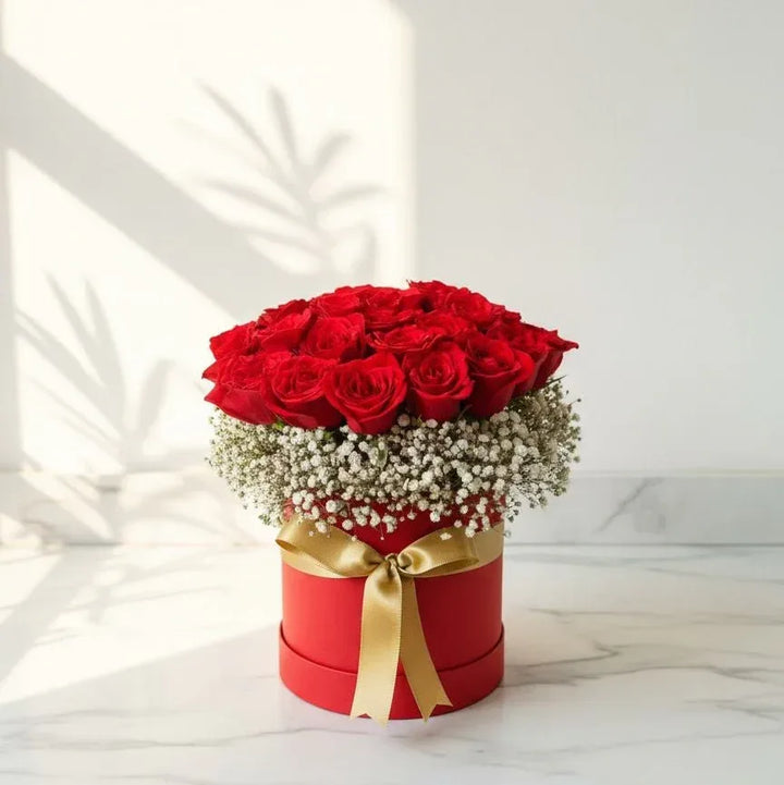 Red Rose and Gypso Box in Round Shape - atfleurs
