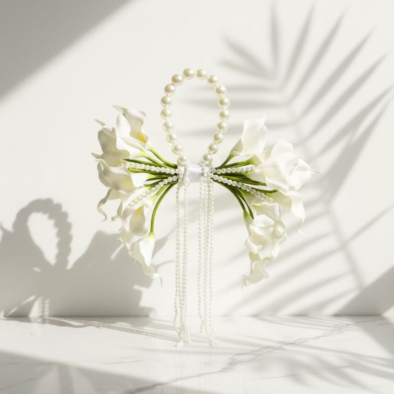 Decorative hair accessory with pearls and flowers on a white surface bridal bouquets wedding flowers