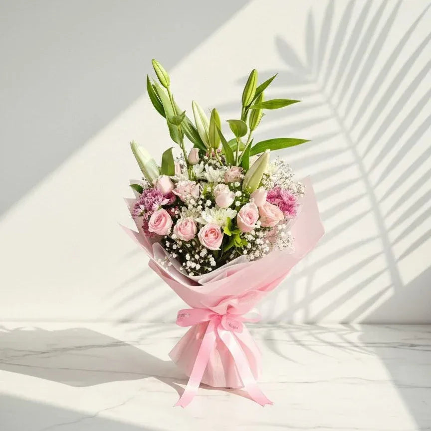 Lily Chrysanthemums Roses Gypso Bouquet - atfleurs