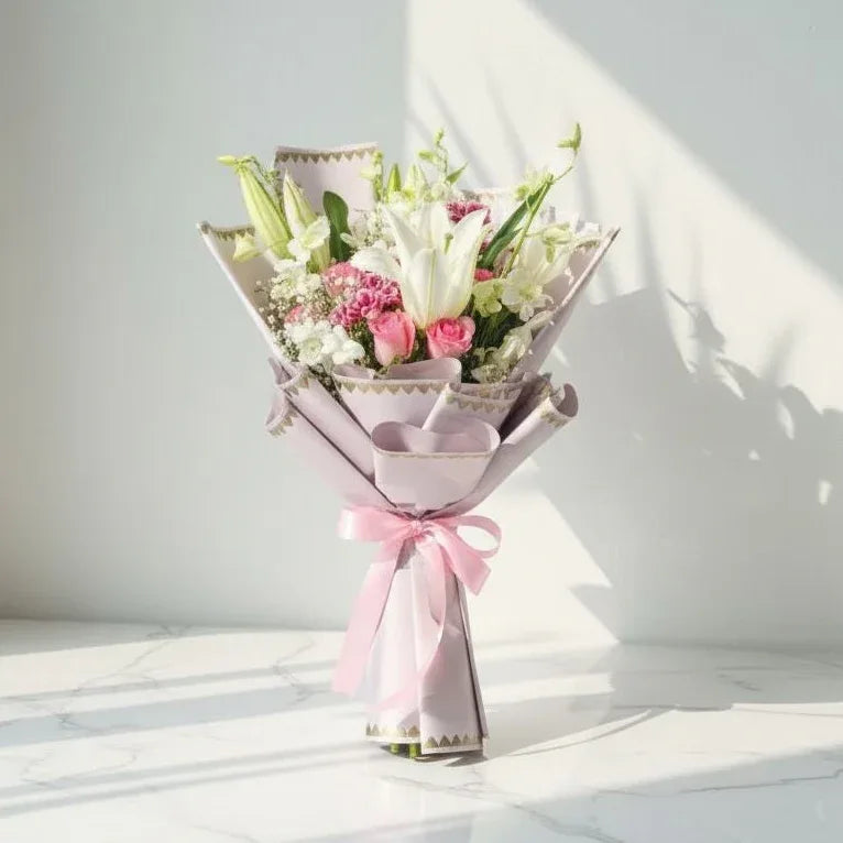 Pink Rose & White Lily Hand Bouquet Soft Lilac Wrap | AtFleurs - atfleurs