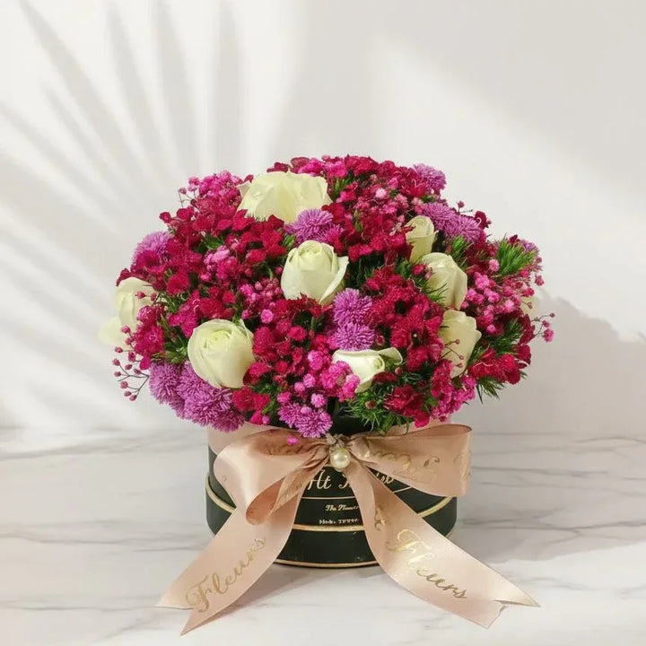 The Perfect Pink & White Bloom Box with Roses & Chrysanthemums - atfleurs