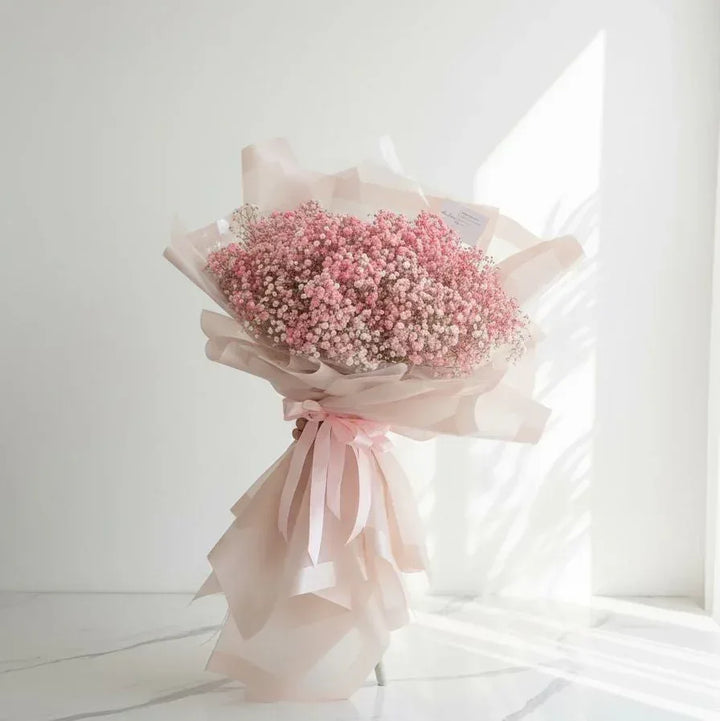 Soft Pink Baby’s Breath Bouquet Wrapped in Pastel Elegance - atfleurs