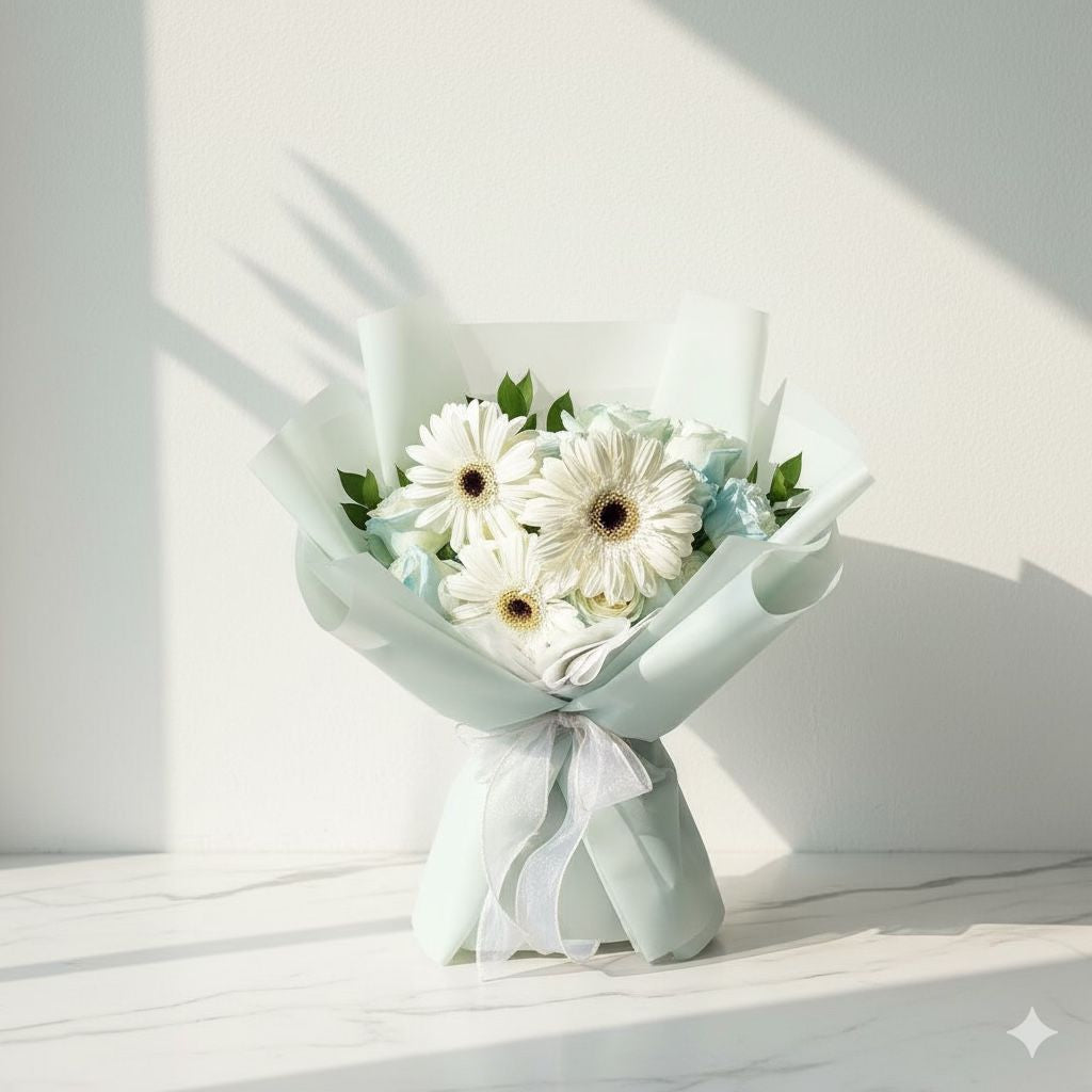 Bouquet of white gerbera daisies and pastel blue roses wrapped in mint green paper with a white ribbon, placed on a marble surface under soft sunlight.