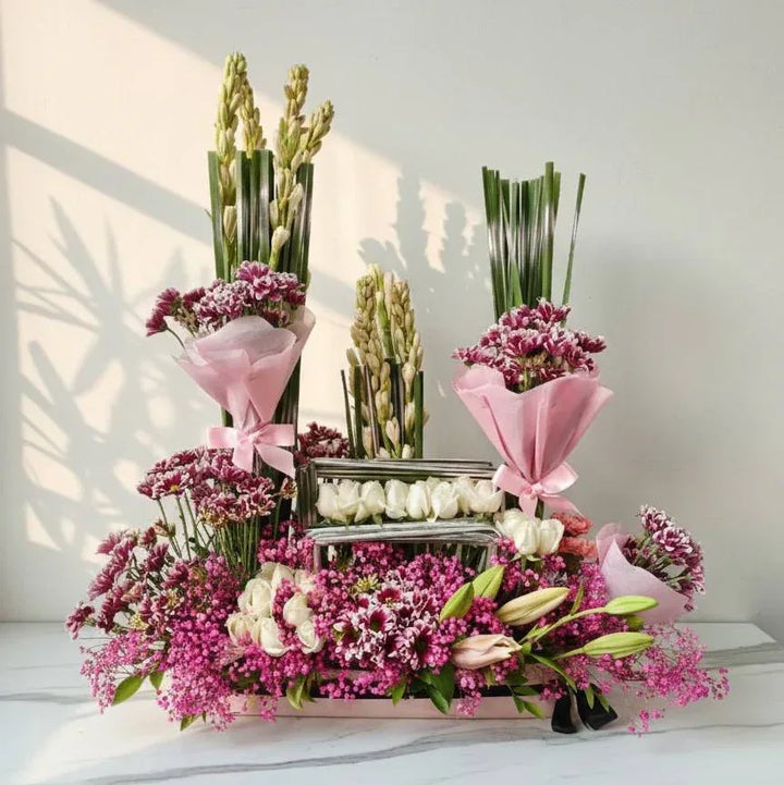 Lilies with Chrysanthemums, Carnations, Roses & Rajnigandha Arrangement - atfleurs