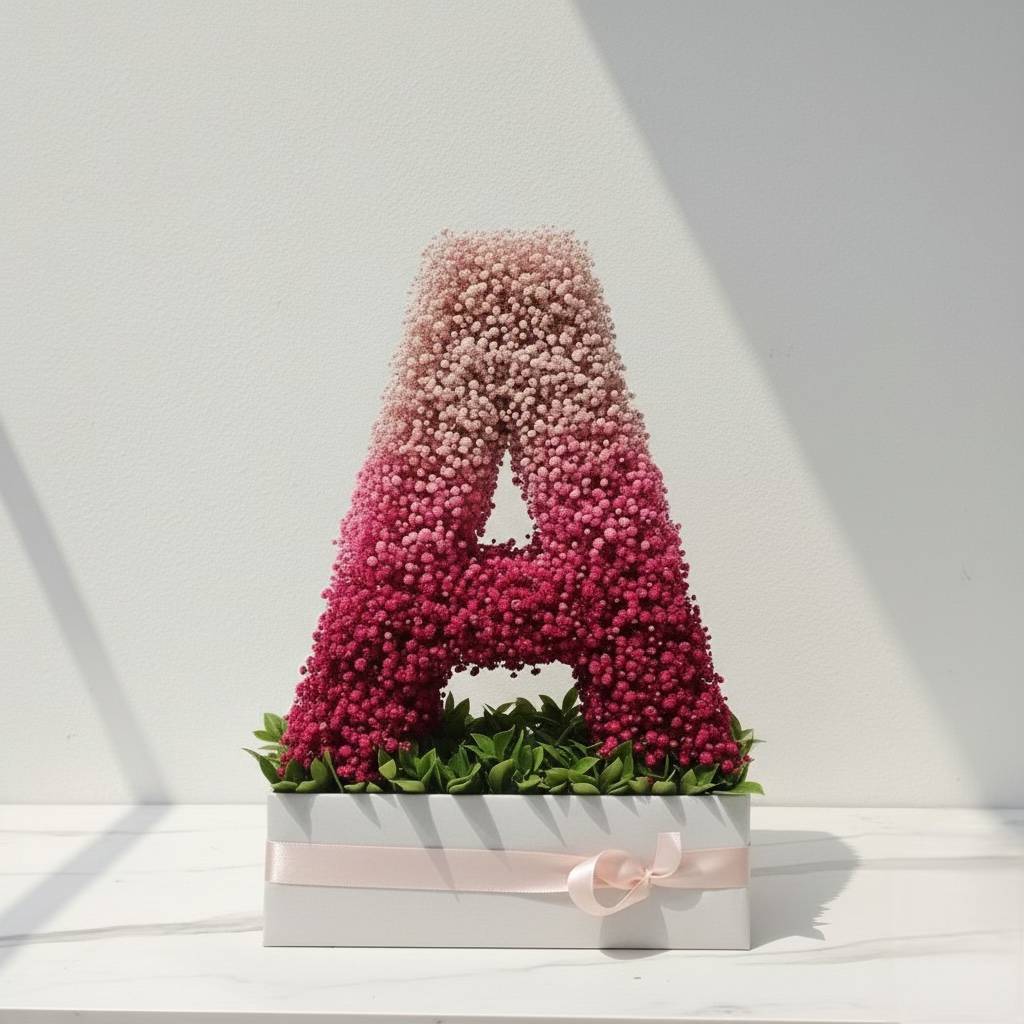 Floral arrangement shaped like the letter 'A' on a white background