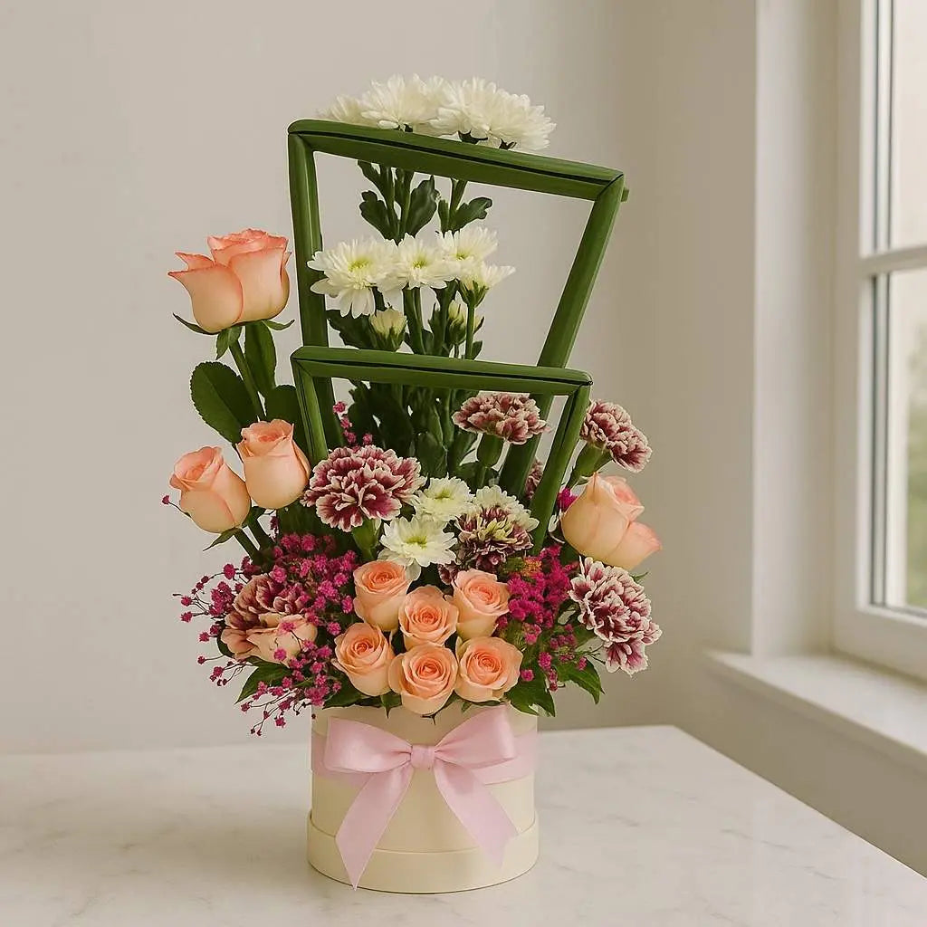 Peach Rose and Carnation Box with Chrysanthemums and Gypso atfleurs