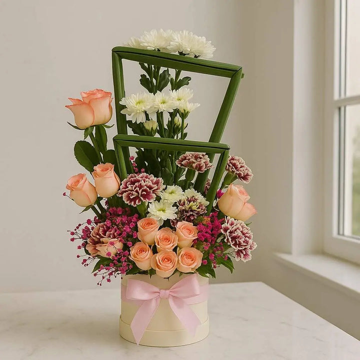 Peach Rose and Carnation Box with Chrysanthemums and Gypso atfleurs