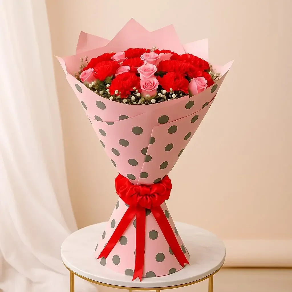 Pink Rose Red Carnation and Gypso Hand Bouquet - atfleurs