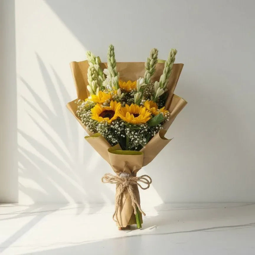 Sunflower & Tuberose Bouquet Rustic Charm in Kraft Wrap - atfleurs