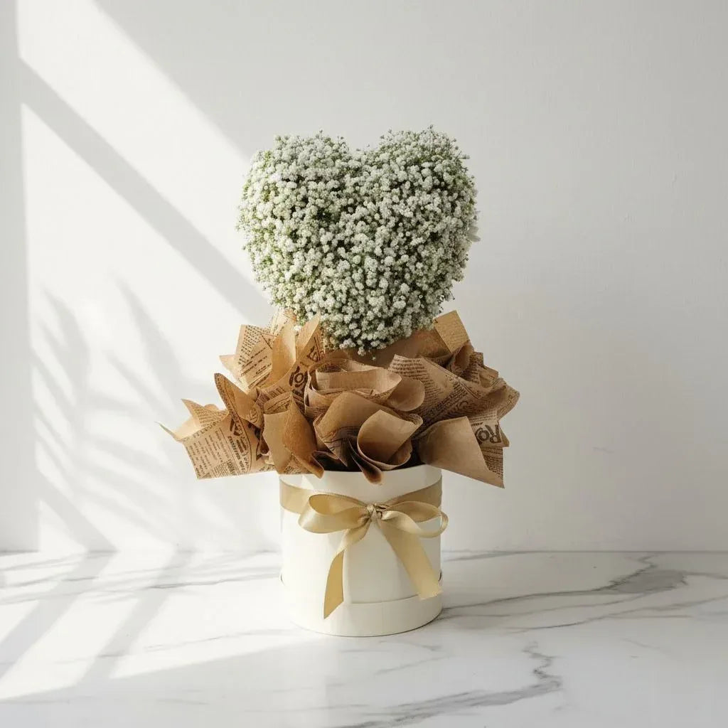 White Chrysanthemum and Baby’s Breath Heart Bouquet - atfleurs
