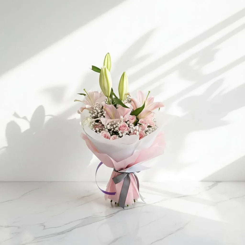 Pink Lilies & Roses Bouquet with White Touches - atfleurs