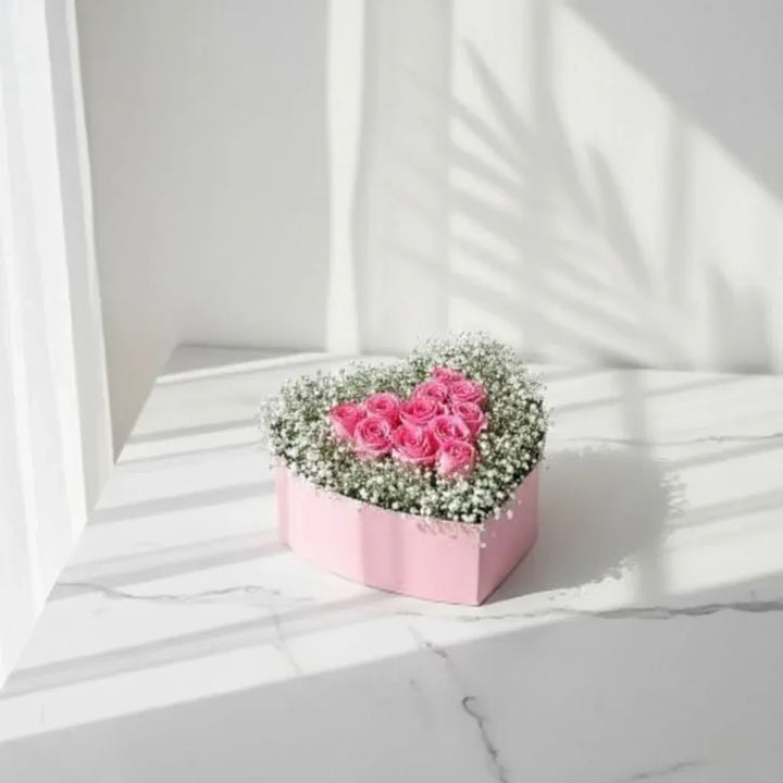 Heart Box of Pink Roses with Baby’s Breath - atfleurs