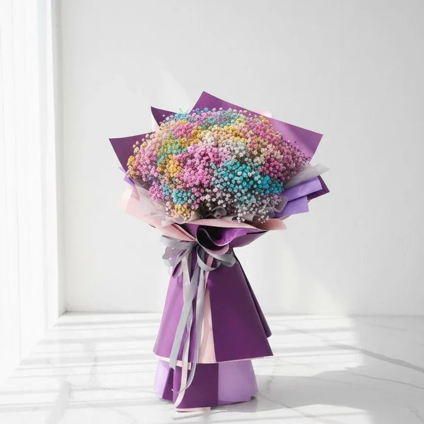 Rainbow Baby’s Breath Bouquet Wrapped in Shades of Purple - atfleurs