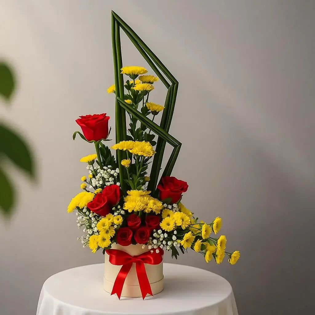 Yellow Chrysanthemum and Red Rose Box with Gypso Accents - atfleurs
