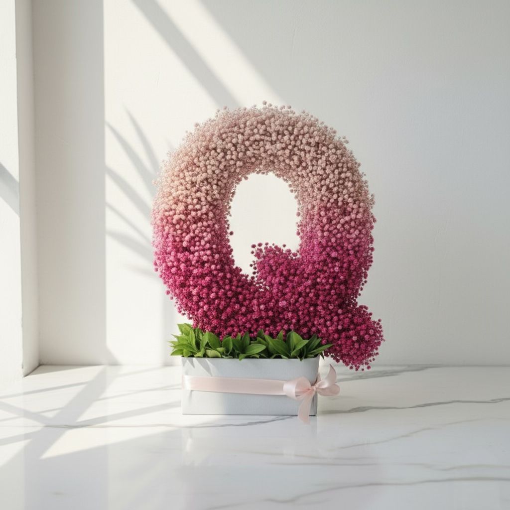 Decorative flower arrangement shaped like a letter 'Q' on a white surface with a light background.  Fresh flower bouquet