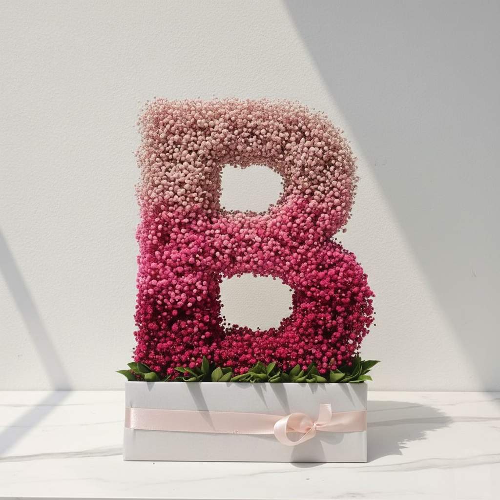 Floral arrangement shaped like the letter 'B' on a white background.  Fresh flower bouquet