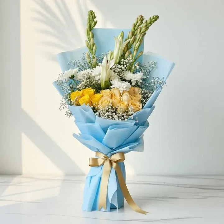 Blue & Yellow Fresh Flower Hand Bouquet - atfleurs
