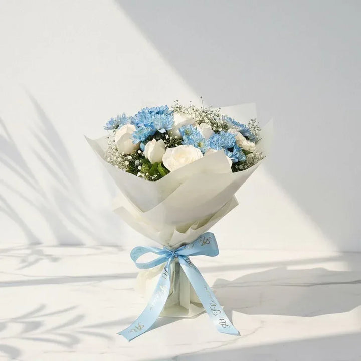 White Roses & Blue Chrysanthemums Bouquet - atfleurs