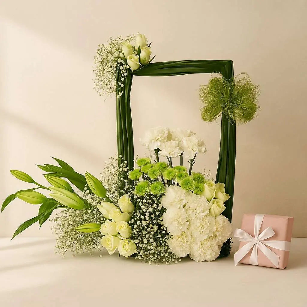 White Lily Rose Carnation and Chrysanthemum Frame Arrangement - – atfleurs, image size:1024x1024
