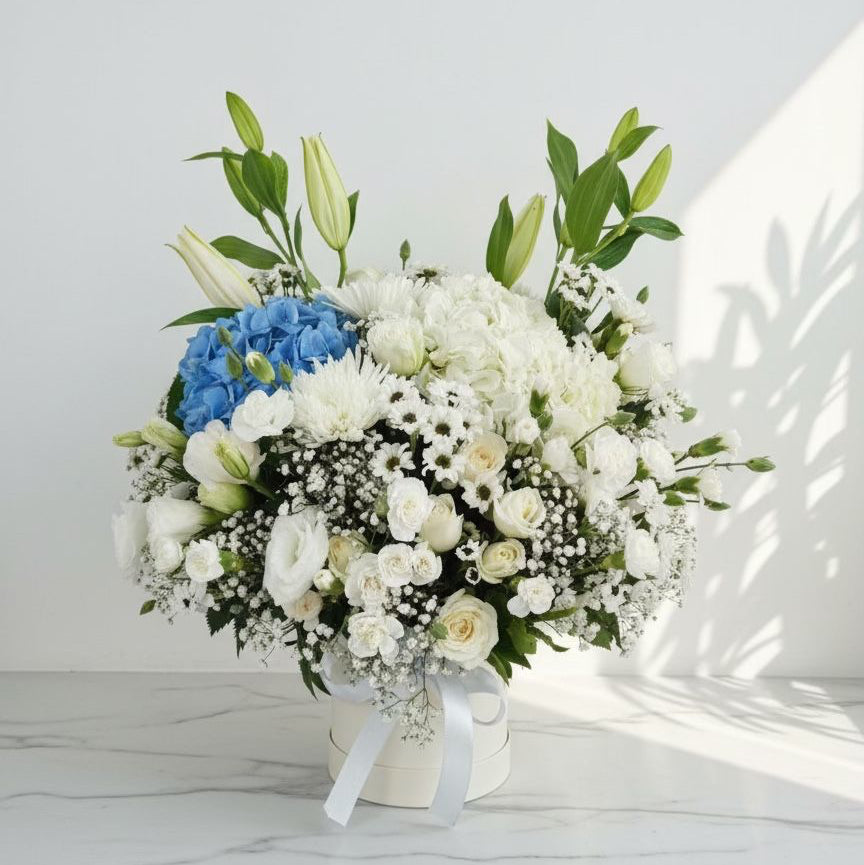 Round box arrangement with white roses, lilies, chrysanthemums, baby’s breath, and a cluster of blue hydrangeas, tied with a white ribbon.