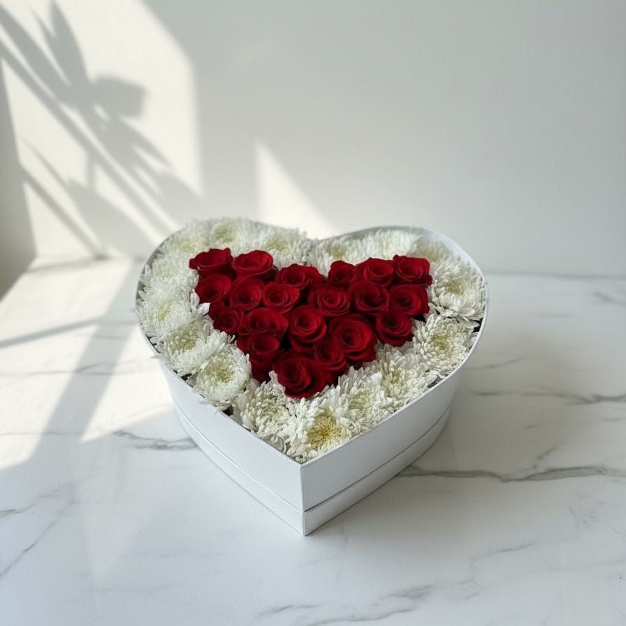 Heart Box with Red Roses & White Flowers