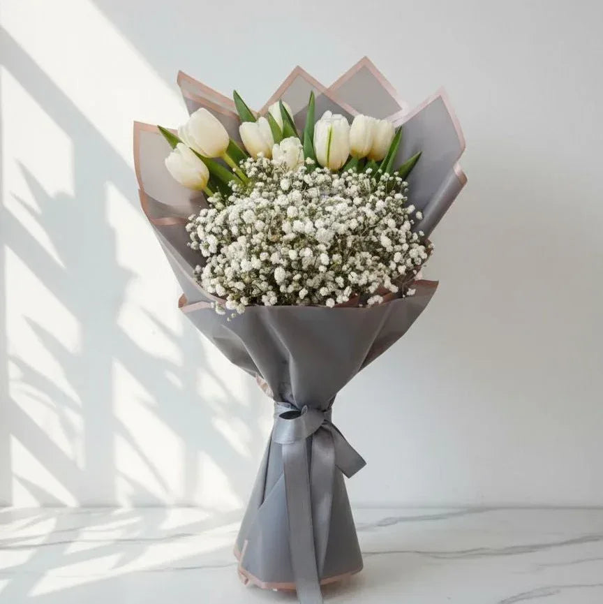 White Tulips and Gypso Hand Bouquet - atfleurs