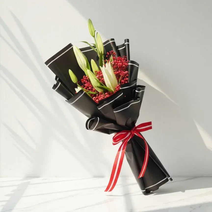 White Lily & Red Gypso Hand Bouquet - atfleurs