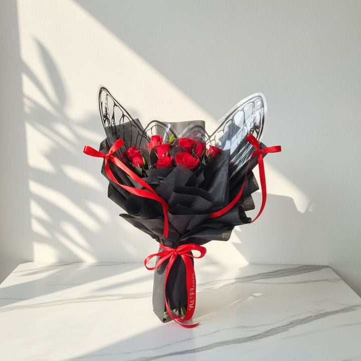 Red Rose Butterfly Bouquet in Black Wrap