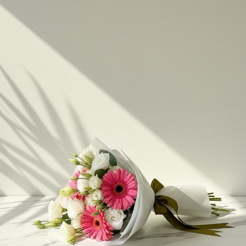 Bouquet of pink and white flowers with green leaves on a light background