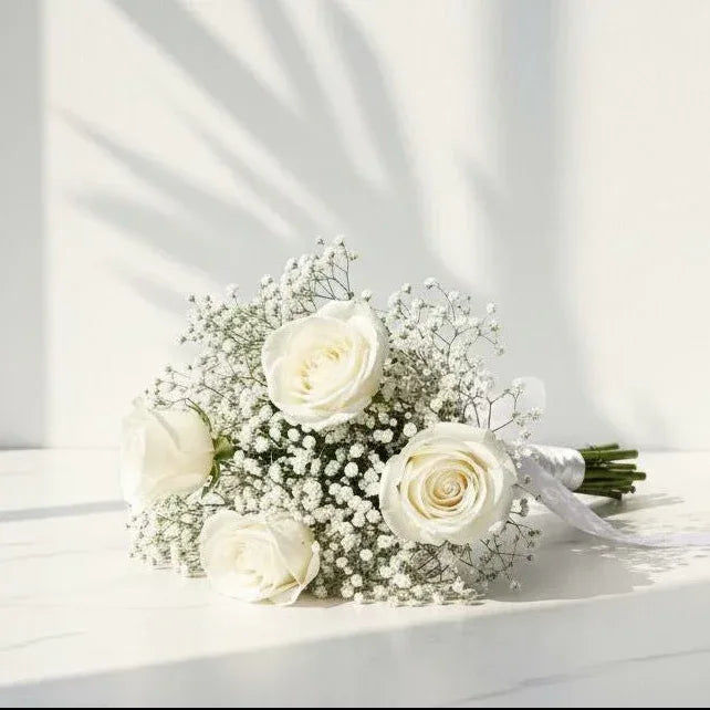 White Rose & Baby’s Breath Hand Bouquet | AtFleurs - atfleurs