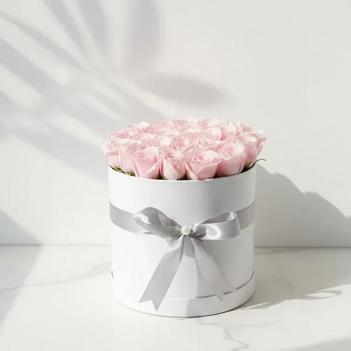 Soft Pink Roses in White Box - atfleurs