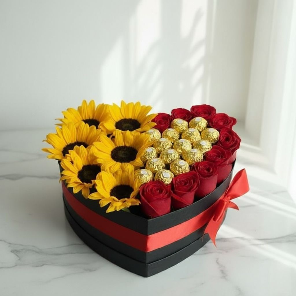 Heart Box with 3-4 Sunflowers, Red Roses & 16 Ferrero Rocher