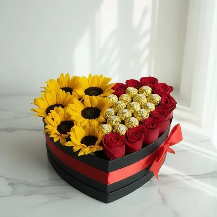 Heart Box with 3-4 Sunflowers, Red Roses & 16 Ferrero Rocher - atfleurs