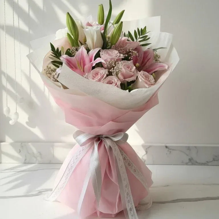 Luxury Pink Lily & Rose Bouquet Wrapped in Soft Hues - atfleurs