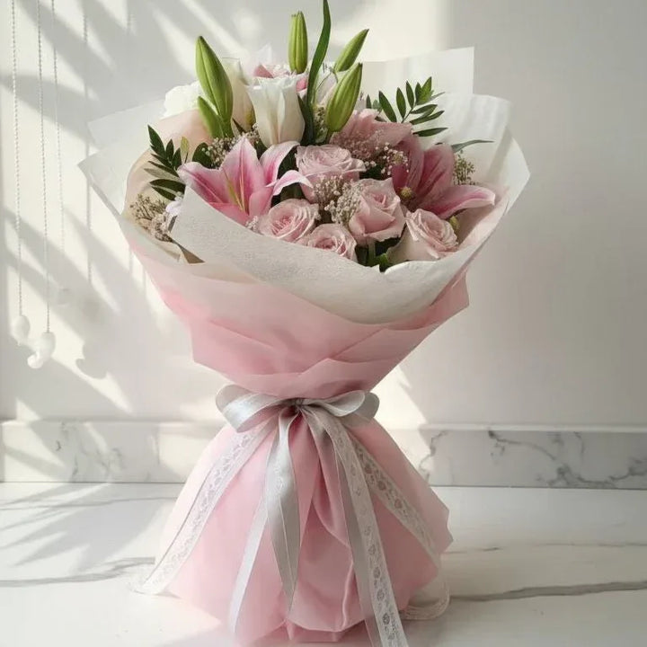Luxury Pink Lily & Rose Bouquet Wrapped in Soft Hues - atfleurs