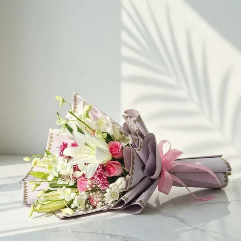 Pink Rose & White Lily Hand Bouquet Soft Lilac Wrap | AtFleurs - atfleurs