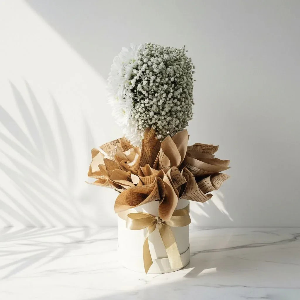 White Chrysanthemum and Baby’s Breath Heart Bouquet - atfleurs