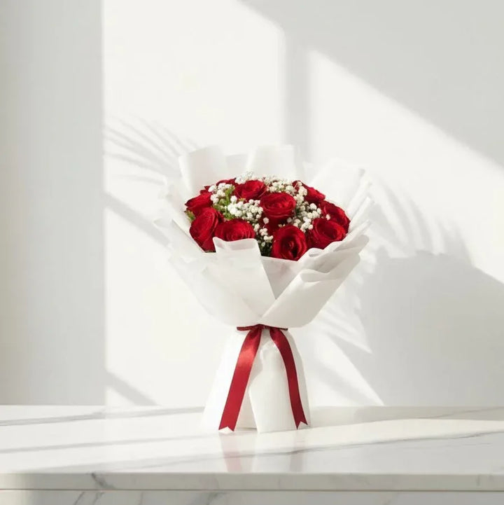 Red Rose & Baby’s Breath Wrap Bouquet - atfleurs