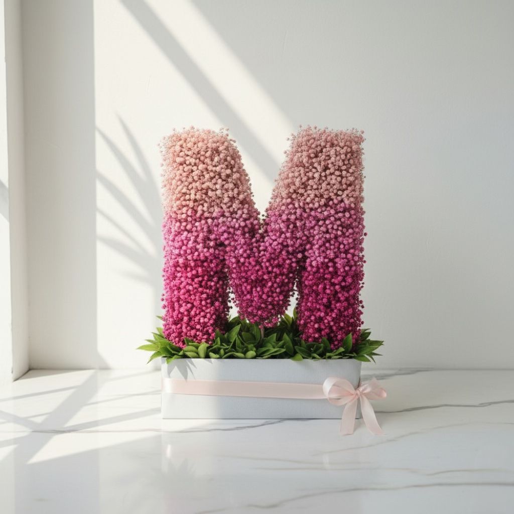 Floral arrangement shaped like the letter 'M' on a light background