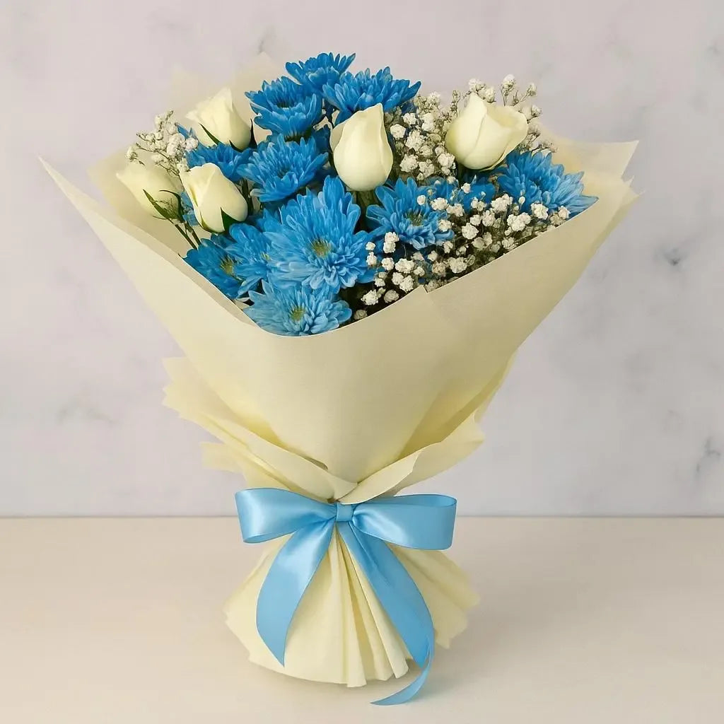 White Rose and Blue Chrysanthemum Bouquet with Baby’s Breath - atfleurs