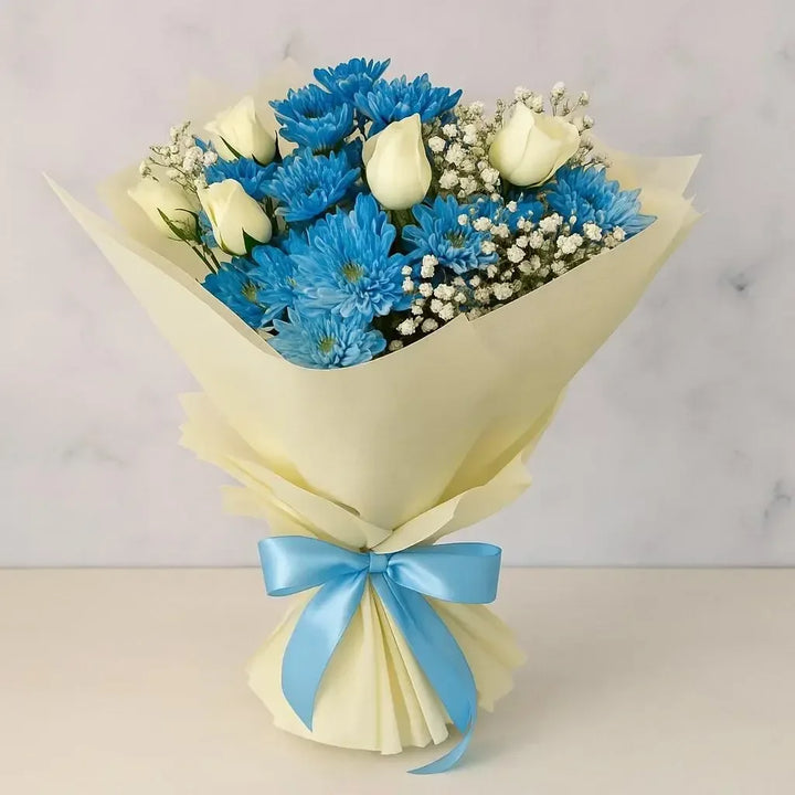 White Rose and Blue Chrysanthemum Bouquet with Baby’s Breath - atfleurs