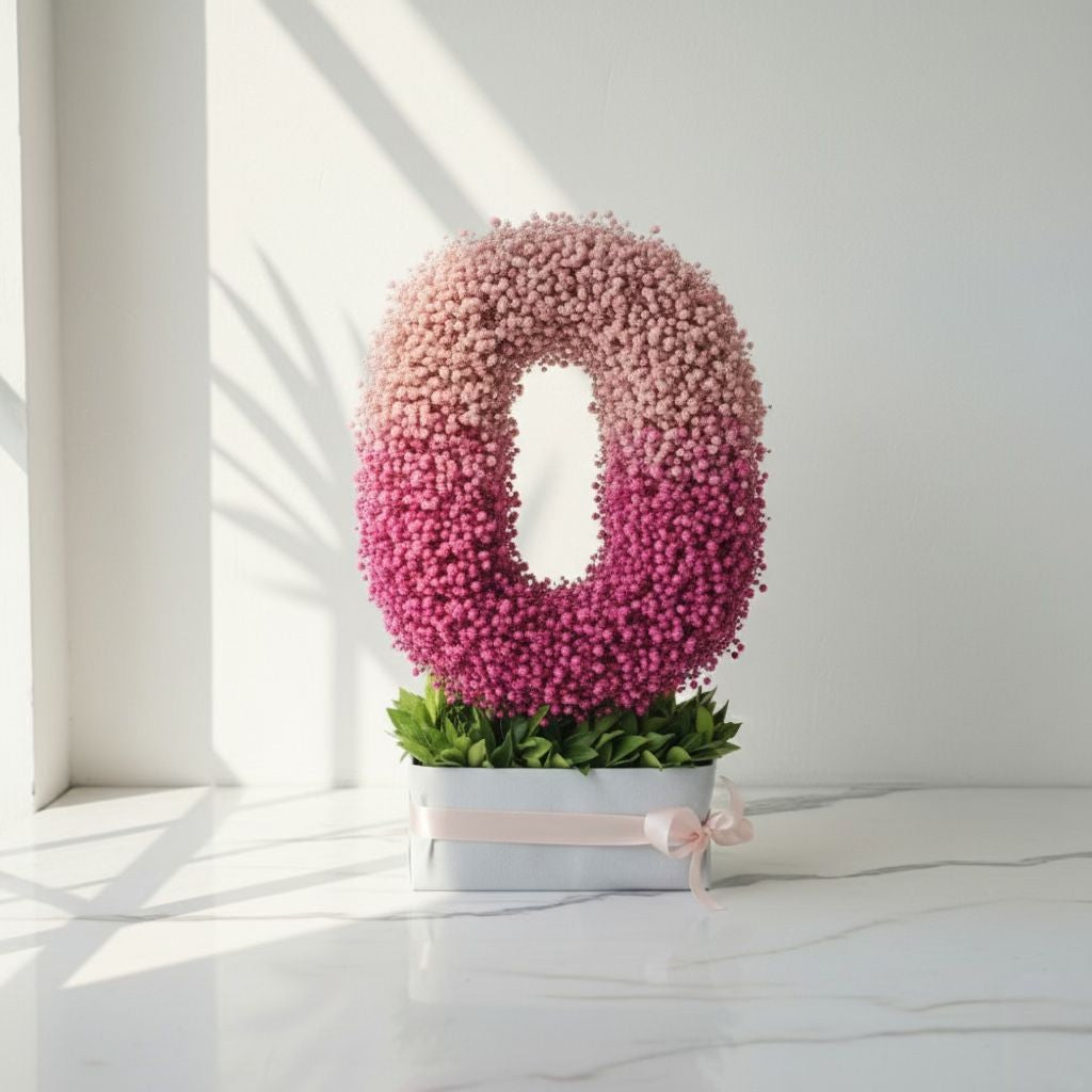 Pink floral arrangement shaped like the number '0' on a white surface with a light gray background.  Fresh flower bouquet