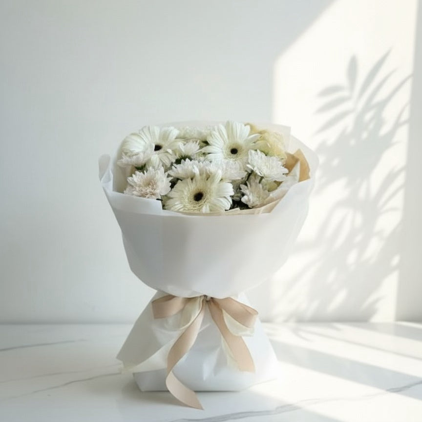 White Gerbera Bouquet with Chrysanthemums