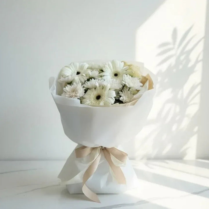 White Gerbera Bouquet with Chrysanthemums - atfleurs